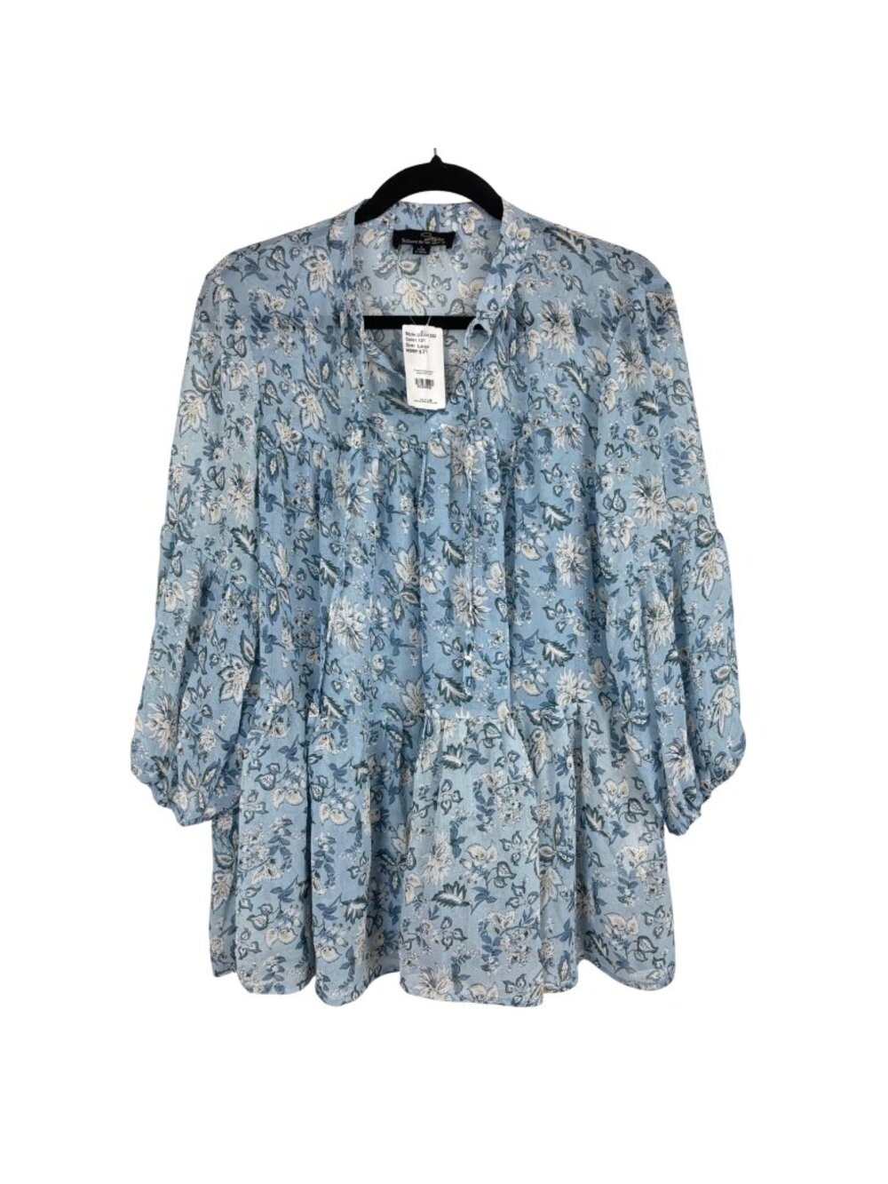 ✨3/$30 NWT  $71 Suzanne Betro L Blue Floral Tiered Top Long Sleeves Lightweight